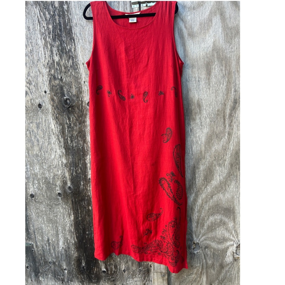 Red 100% Linen Maxi Shift Dress Boho Paisley Sleeveless Cottage Core Women XL